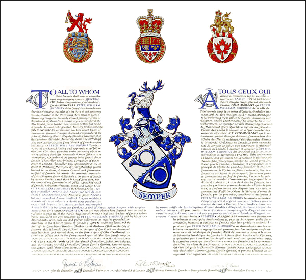Lettres patentes concédant des emblèmes héraldiques à Peter William Sudbury