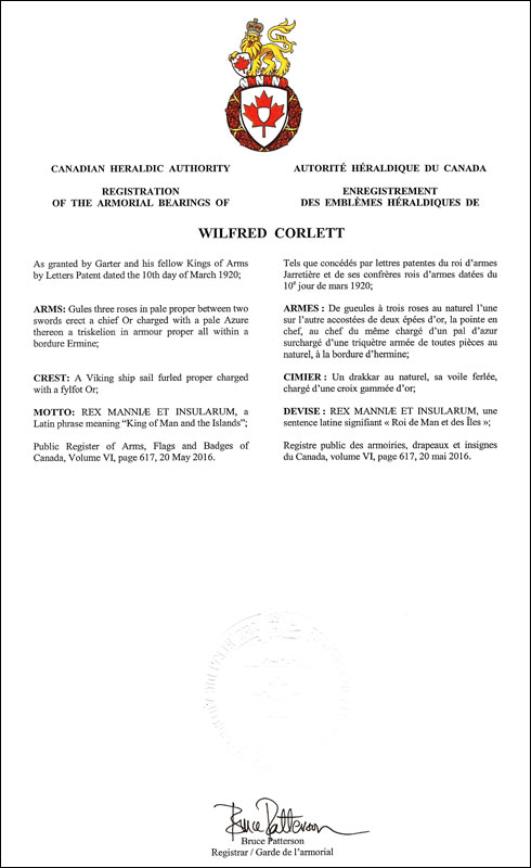 Lettres patentes enregistrant les emblèmes héraldiques de Wilfred Corlett