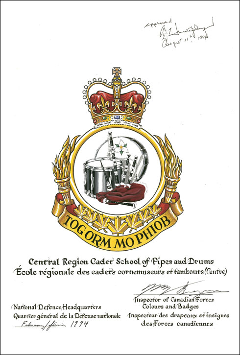 Lettres patentes approuvant l'insigne de l'École régionale des cadets cornemuseurs et tambours (Centre)