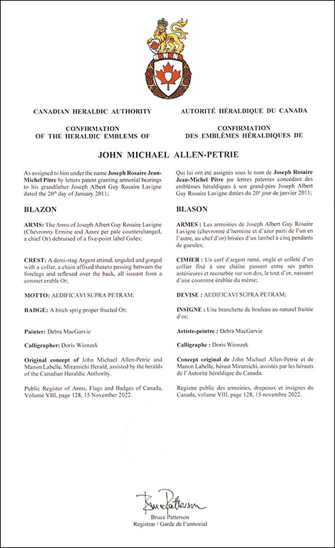 Lettres patentes confirmant les emblèmes héraldiques de John Michael Allen-Petrie