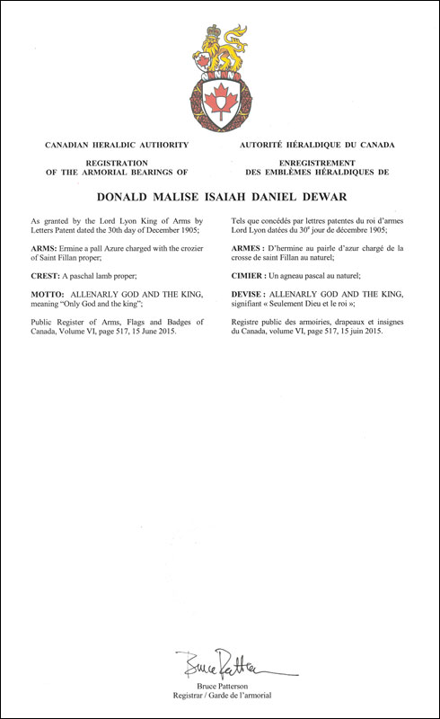 Letters patent registering the heraldic emblems of Donald Malise Isaiah Daniel Dewar