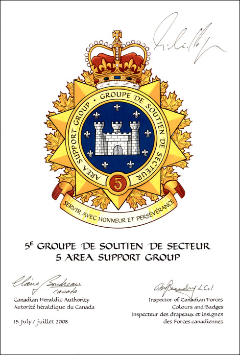 Letters patent approving the Badge of 5 Area Support Group