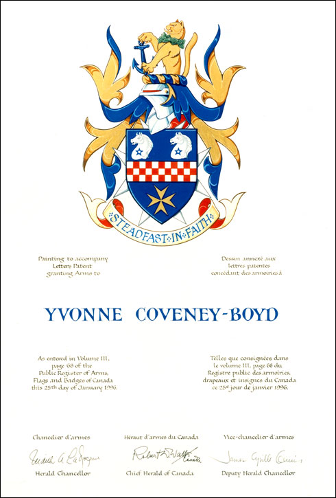 Lettres patentes concédant des emblèmes héraldiques à Yvonne Coveney-Boyd