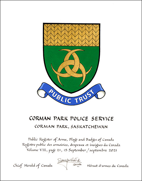 Letters patent granting heraldic emblems to the Corman Park Police Service