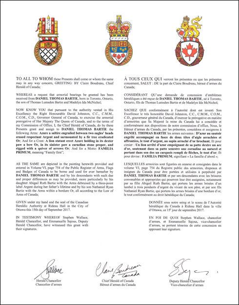 Lettres patentes concédant des emblèmes héraldiques à Daniel Thomas Bartie