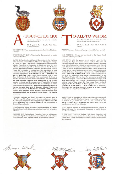Letters patent granting heraldic emblems to the Municipalité de la Paroisse de Saint-Philémon