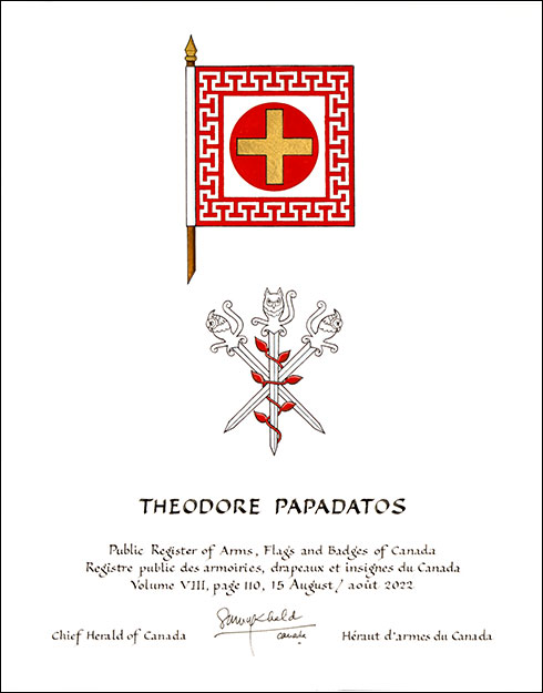 Lettres patentes concédant des emblèmes héraldiques à Theodore Papadatos