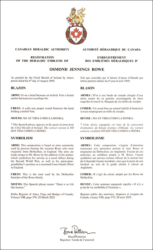 Lettres patentes enregistrant les emblèmes héraldiques d'Osmond Jennings Rowe