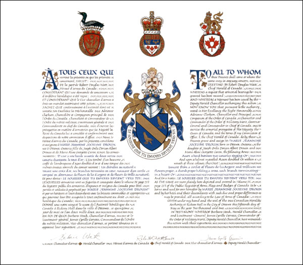 Lettres patentes concédant des emblèmes héraldiques à Marie Jeannine Jocelyne Drouin