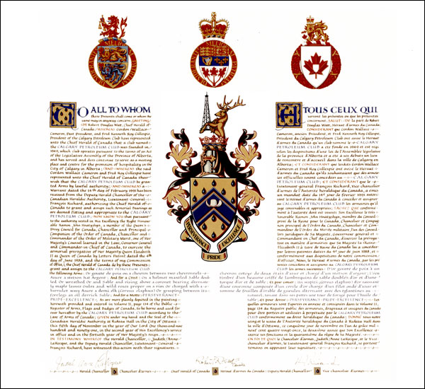 Letters patent granting heraldic emblems to the Calgary Petroleum Club
