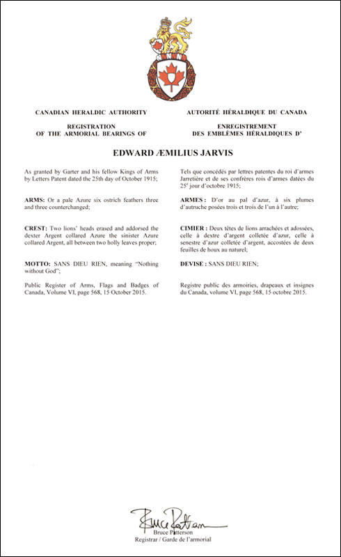 Letters patent registering the heraldic emblems of Edward Æmilius Jarvis