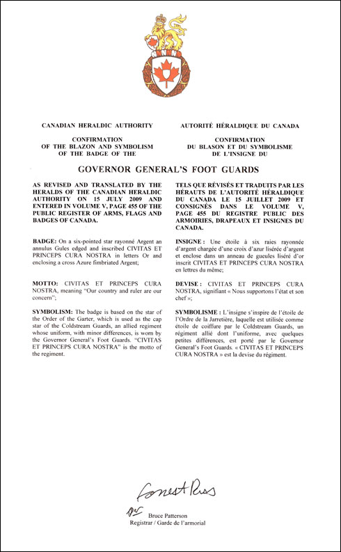 Letters patent confirming the blazon of the Badge of the Governor General's Foot Guards