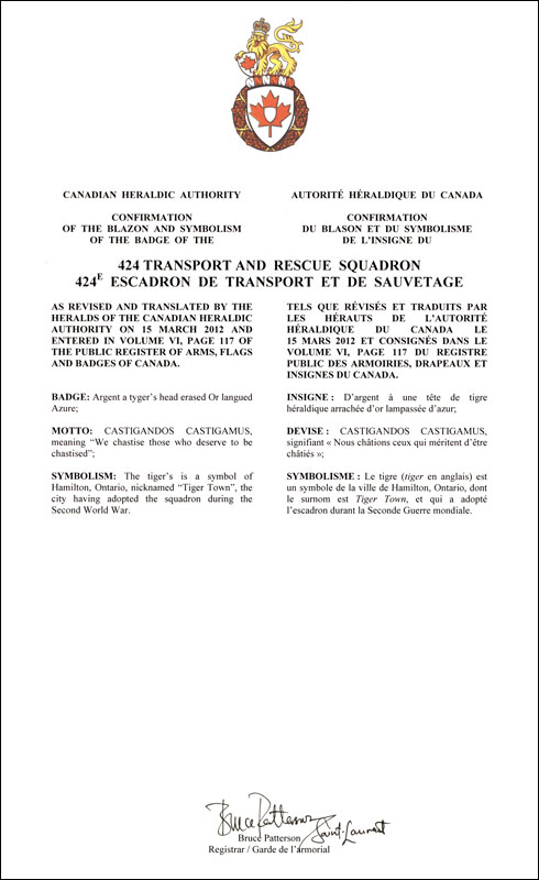 Lettres patentes confirmant le blasonnement de l'insigne du 424e Escadron de transport et de sauvetage