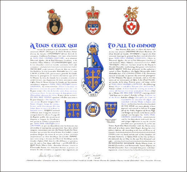 Letters patent granting heraldic emblems to Jean-Paul Valéran Gauthier