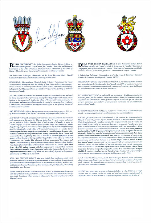 Vice Regal Warrant approving heraldic emblems for the Commemorative Distinctions of the Vice-Regal Office and Territorial Commissioners