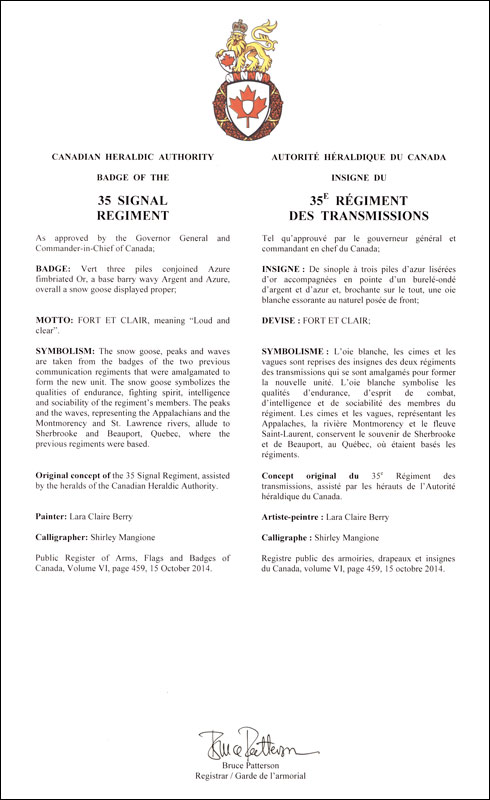 Lettres patentes approuvant l’insigne du 35e Régiment des transmissions