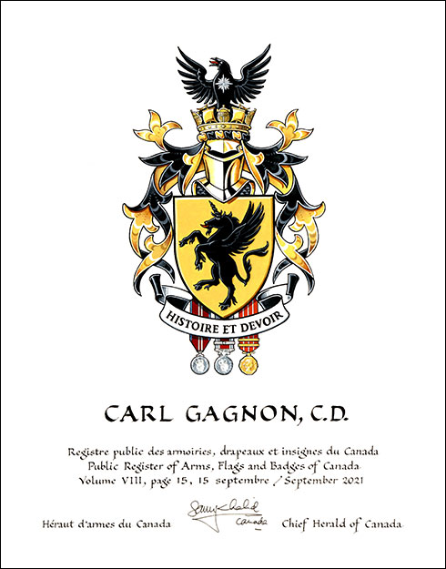 Letters patent granting heraldic emblems to Carl Gagnon
