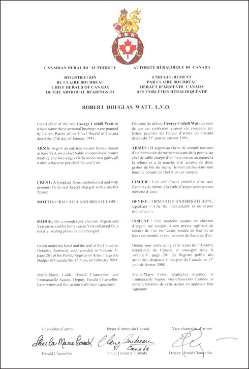 Letters patent registering the heraldic emblems of Robert Douglas Watt