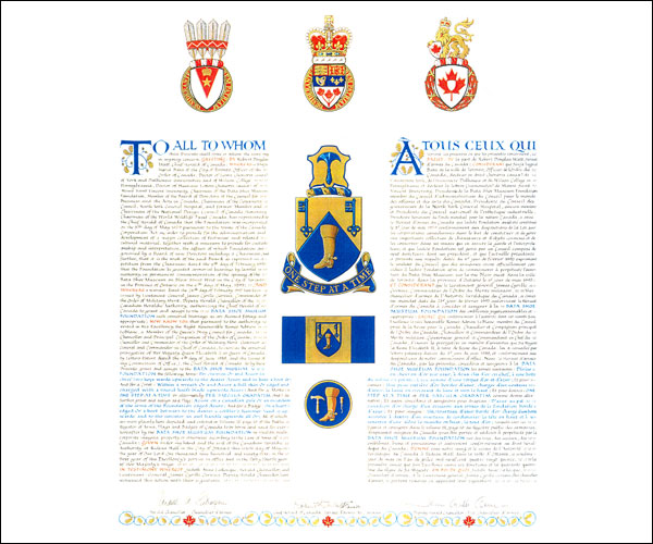 Letters patent granting heraldic emblems to the Bata Shoe Museum Foundation