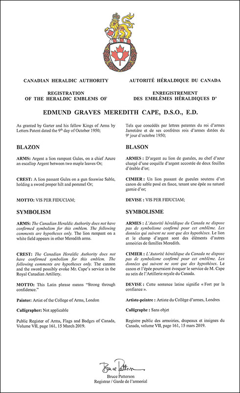 Letters patent registering the heraldic emblems of Edmund Graves Meredith Cape