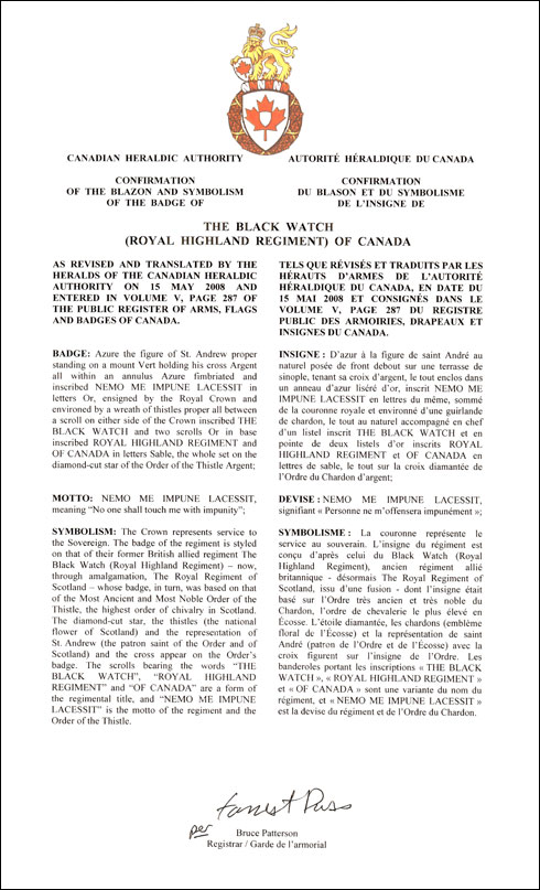 Letters patent confirming the blazon of the Badge of The Black Watch (Royal Highland Regiment) of Canada
