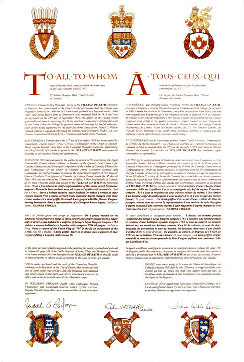 Letters patent granting heraldic emblems to the Village of Bath