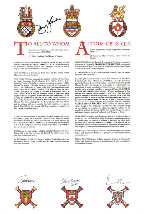Letters patent granting heraldic emblems to George Lester Tuccaro
