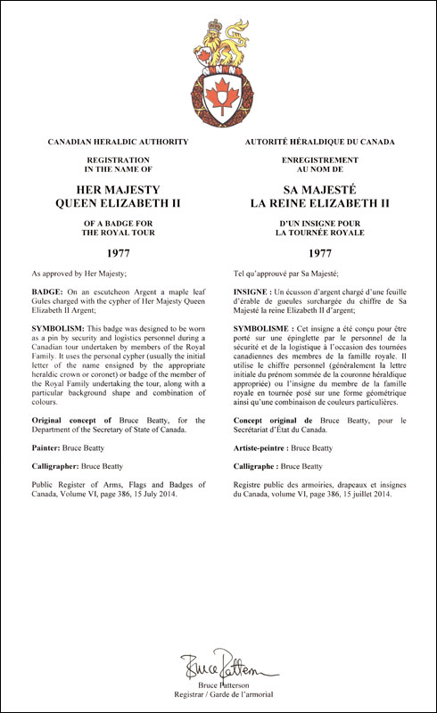 Letters patent registering the heraldic emblems of Queen Elizabeth II