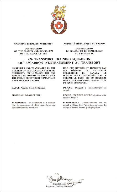 Lettres patentes confirmant le blasonnement de l'insigne du 426e Escadron d’entraînement au transport