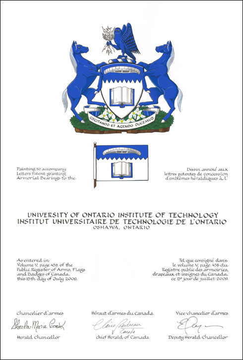 Letters patent granting heraldic emblems to the University of Ontario Institute of Technology