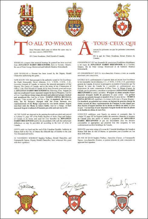 Letters patent granting heraldic emblems to Jonathan Hardt Brickwood
