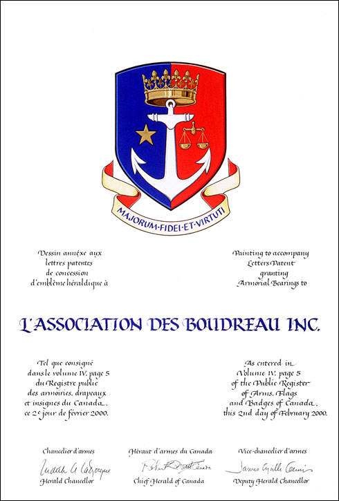 Lettres patentes concédant des emblèmes héraldiques à L'Association des Boudreau Inc.