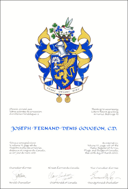 Letters patent granting heraldic emblems to Joseph Fernand Denis Gougeon