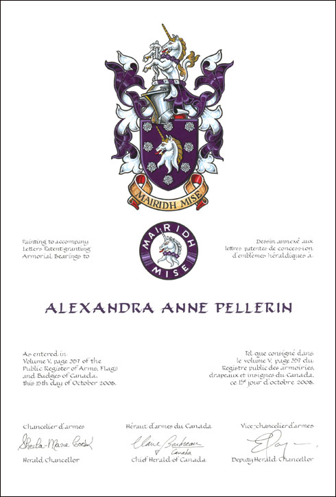 Letters patent granting heraldic emblems to Alexandra Anne Pellerin