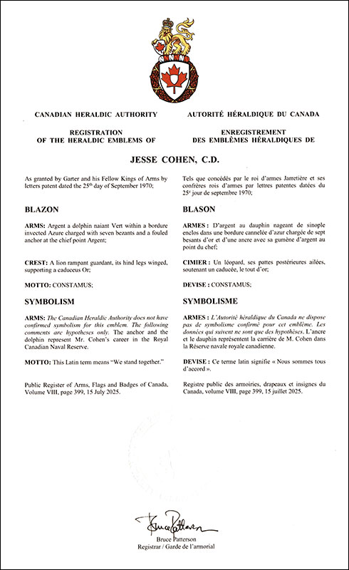 Lettres patentes enregistrant les emblèmes héraldiques de Jesse Cohen