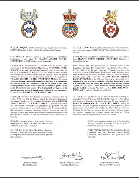 Letters patent granting heraldic emblems to Francis Joseph Michel Lanouette