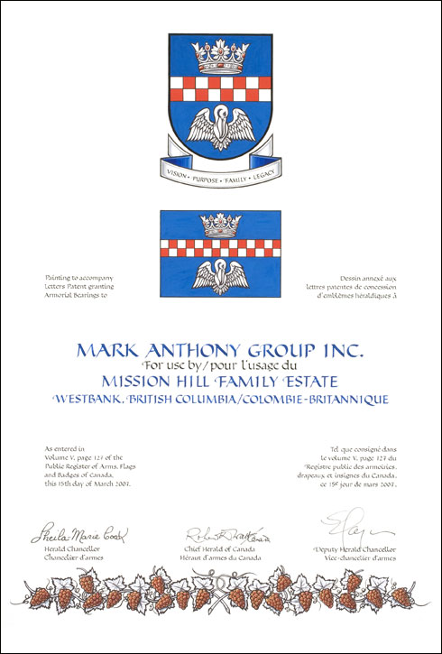 Letters patent granting heraldic emblems to Mark Anthony Group Inc.