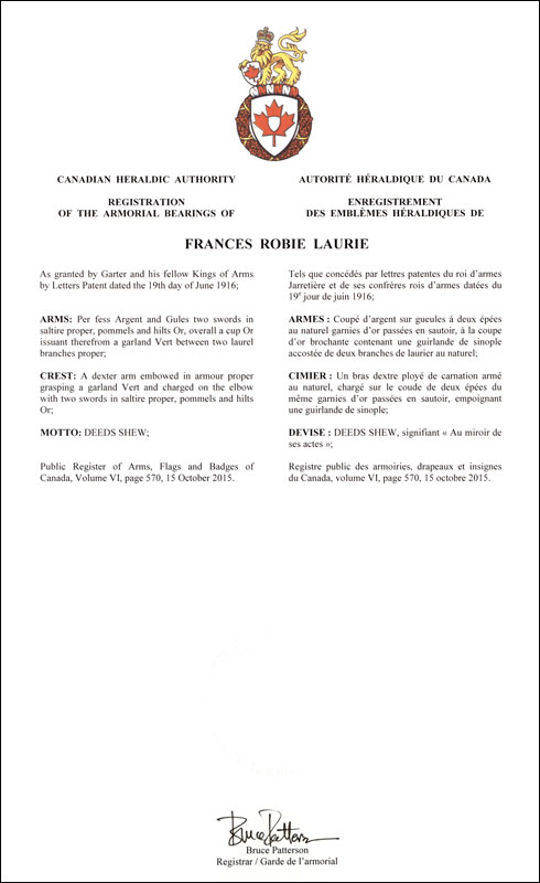Letters patent registering the heraldic emblems of Frances Robie Laurie