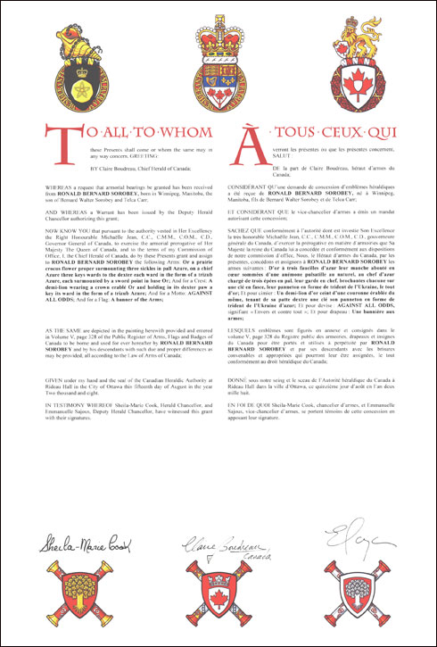 Letters patent granting heraldic emblems to Ronald Bernard Sorobey
