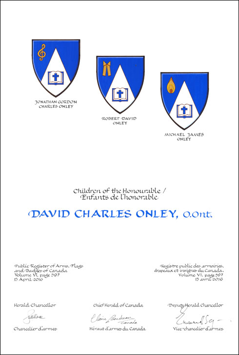 Letters patent granting heraldic emblems to David Charles Onley