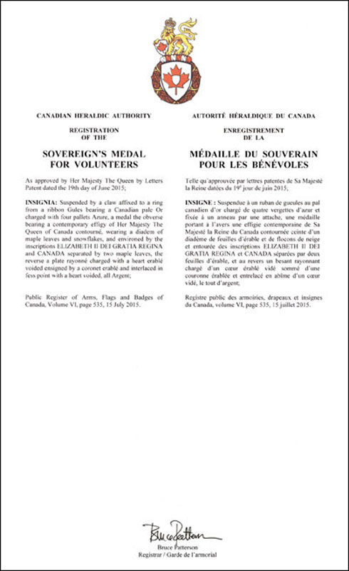 Letters patent registering the Insignia of the Sovereign’s Medal for Volunteers