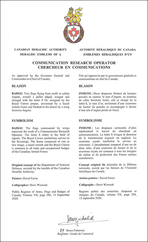 Lettres patentes approuvant les emblèmes héraldiques d'un Chercheur en communications de l’Aviation royale canadienne