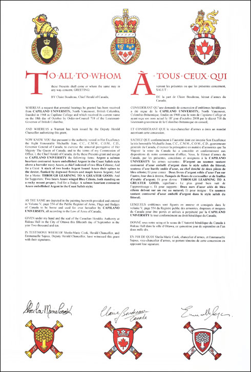 Letters patent granting heraldic emblems to Capilano University