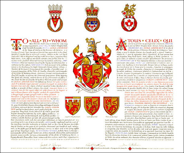 Letters patent granting heraldic emblems to George Gordon Reid