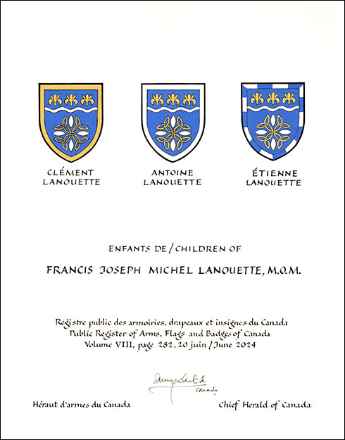 Letters patent granting heraldic emblems to Francis Joseph Michel Lanouette