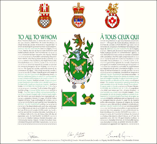 Lettres patentes concédant des emblèmes héraldiques à Gerald Allan McKinnon
