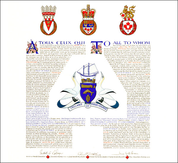 Letters patent granting heraldic emblems to the City of Percé