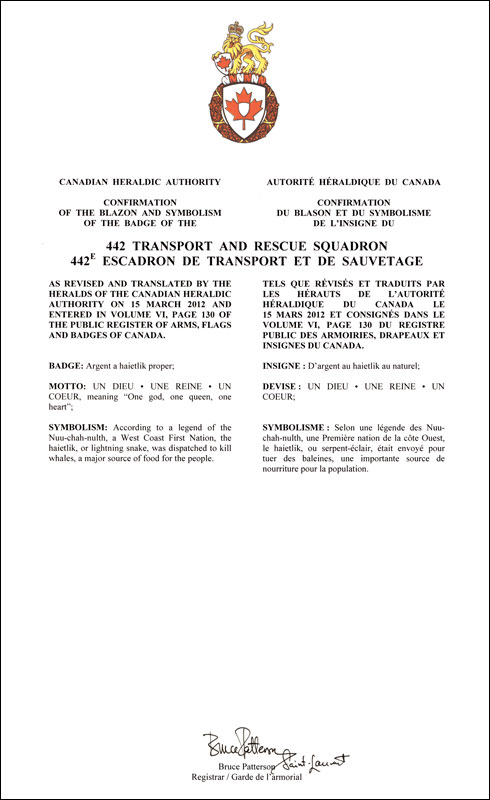 Lettres patentes confirmant le blasonnement de l'insigne du 442e Escadron de transport et de sauvetage