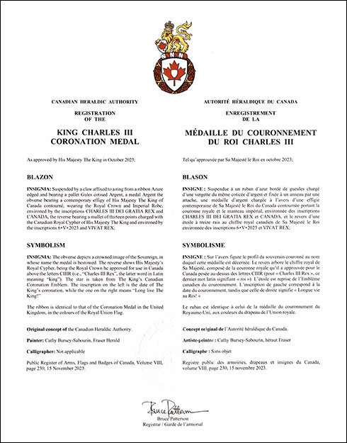 Lettres patentes enregistrant la Médaille du Couronnement du Roi Charles III