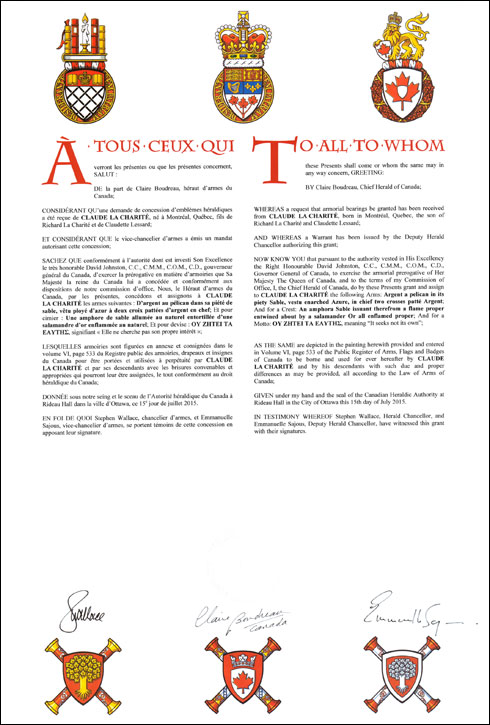Letters patent granting heraldic emblems to Claude La Charité